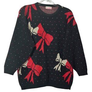 Vintage Semi Sweet Black Knit Sweater with Red & White Dots & Bows Size Large